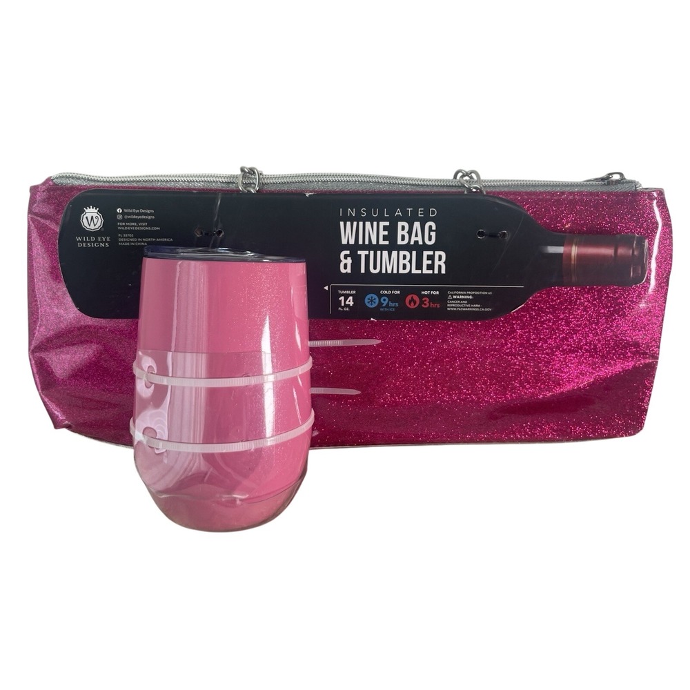 WildEye Designs Insulated Wine Bag‎ + Tumbler Pink Glitter Barbiecore Coquette